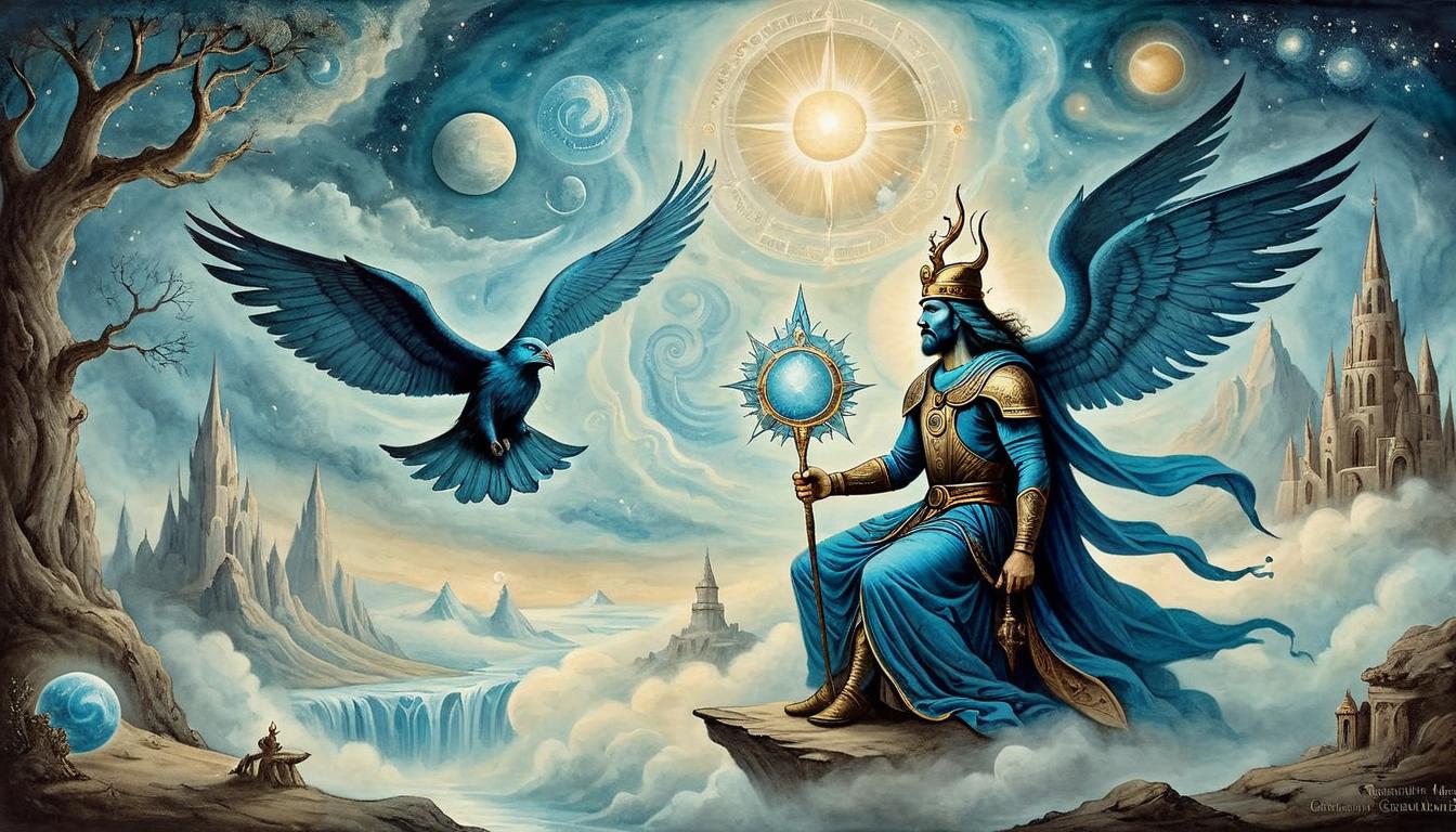  on parchment, surrealism+++, Journey under divine protection, cosmic guardians watching, serene, hopeful, guided(mysterious, provocative, symbolic,muted color)+++