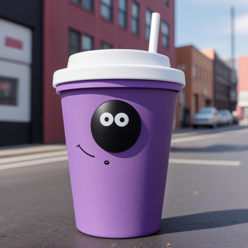  A cartoon character similar to Towelie from South Park, but as a double styrofoam cup filled with purple lean. The character should have an urban, street style with low red eyes indicating it's high, and a laid-back or dazed expression. Include elements like tattoos, a cap, and streetwear to give it an edgy look. hyperrealistic, full body, detailed clothing, highly detailed, cinematic lighting, stunningly beautiful, intricate, sharp focus, f/1. 8, 85mm, (centered image composition), (professionally color graded), ((bright soft diffused light)), volumetric fog, trending on instagram, trending on tumblr, HDR 4K, 8K