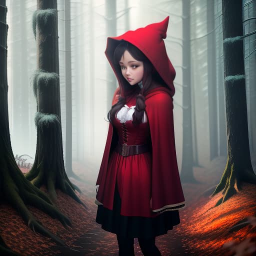  A little girl Little Red Riding Hood in the woods hyperrealistic, full body, detailed clothing, highly detailed, cinematic lighting, stunningly beautiful, intricate, sharp focus, f/1. 8, 85mm, (centered image composition), (professionally color graded), ((bright soft diffused light)), volumetric fog, trending on instagram, trending on tumblr, HDR 4K, 8K