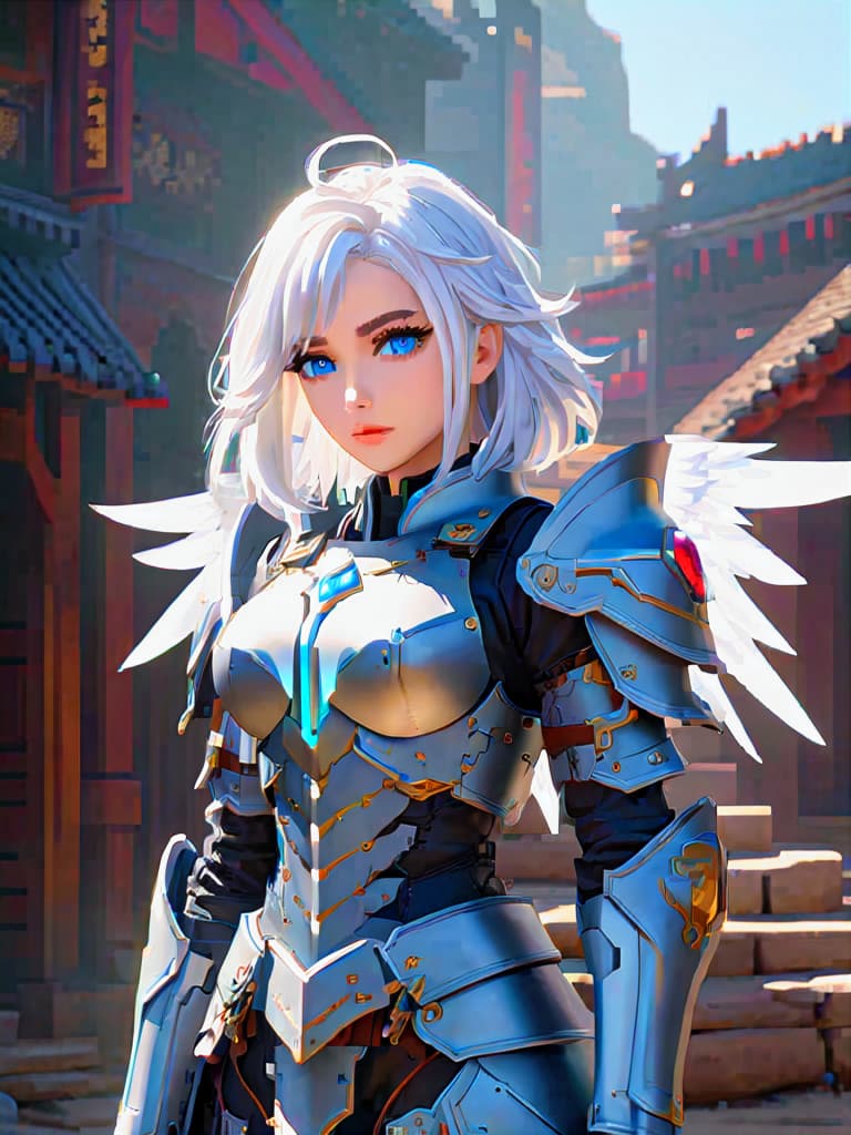  score 9, score 8 up, score 7 up, score 6 up, score 5 up, score 4 up,<lora:Fant5yP0ny:0.8>, 1girl, armor, weapon, wings, solo, shoulder armor, blue eyes, pauldrons, white hair, looking at viewer, power armor hyperrealistic, full body, detailed clothing, highly detailed, cinematic lighting, stunningly beautiful, intricate, sharp focus, f/1. 8, 85mm, (centered image composition), (professionally color graded), ((bright soft diffused light)), volumetric fog, trending on instagram, trending on tumblr, HDR 4K, 8K