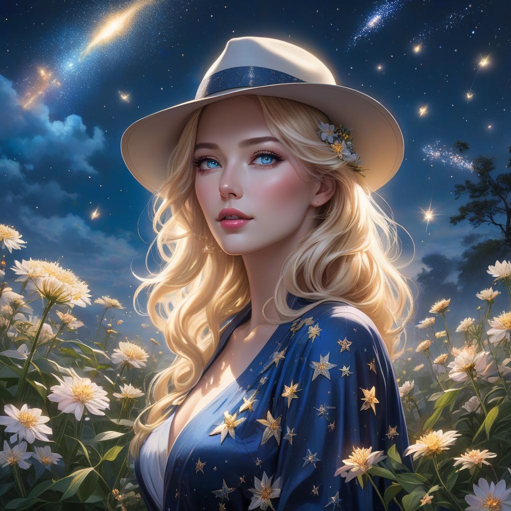  A lady in a hat holding flowers against a beautiful dark blue evening Sky With fireflies and many stars in the sky and the flower he was holding was shining brightly And there are many shooting stars in the sky He has blonde hair and blue eyes, 8k resolution holographic astral cosmic illustration mixed media by Pablo Amaringo hyperrealistic, full body, detailed clothing, highly detailed, cinematic lighting, stunningly beautiful, intricate, sharp focus, f/1. 8, 85mm, (centered image composition), (professionally color graded), ((bright soft diffused light)), volumetric fog, trending on instagram, trending on tumblr, HDR 4K, 8K