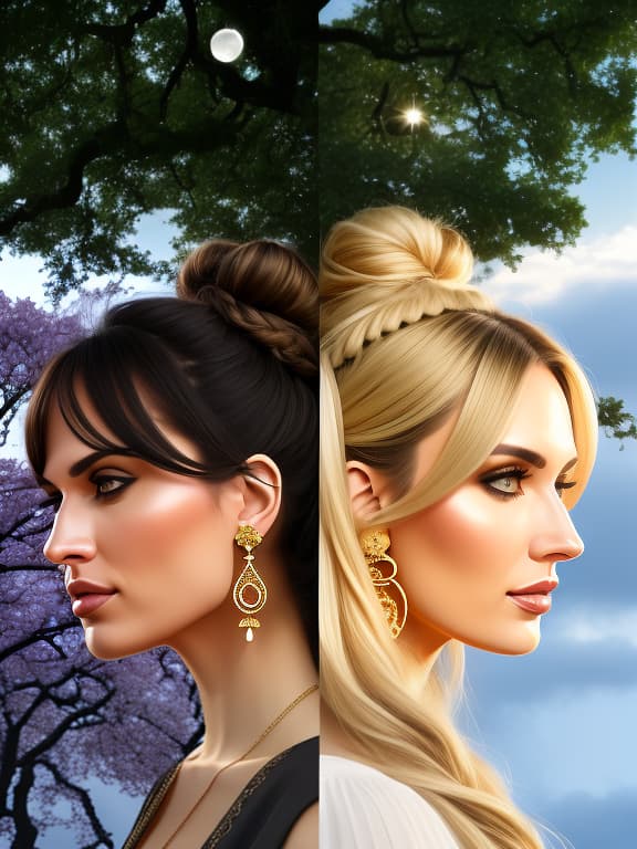  Two s are standing against a backdrop of an oak tree, back to back. The wallpaper is divided into two sides, one side day with the sun and the other side night with the moon. One is a with blue eyes and long hair tied in a bun, round golden earrings in her ears. The other has short black hair and dark eyes, three earrings with stones in her ears. The faces are different. hyperrealistic, full body, detailed clothing, highly detailed, cinematic lighting, stunningly beautiful, intricate, sharp focus, f/1. 8, 85mm, (centered image composition), (professionally color graded), ((bright soft diffused light)), volumetric fog, trending on instagram, trending on tumblr, HDR 4K, 8K