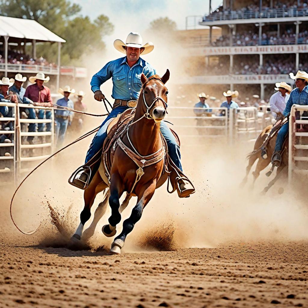  Create a watercolor painting of calf roping at a rodeo. The background features soft, watercolor style splashes in earthy tones, giving the image an artistic and dreamy feel. Ensure the overall image has a delicate watercolor effect.