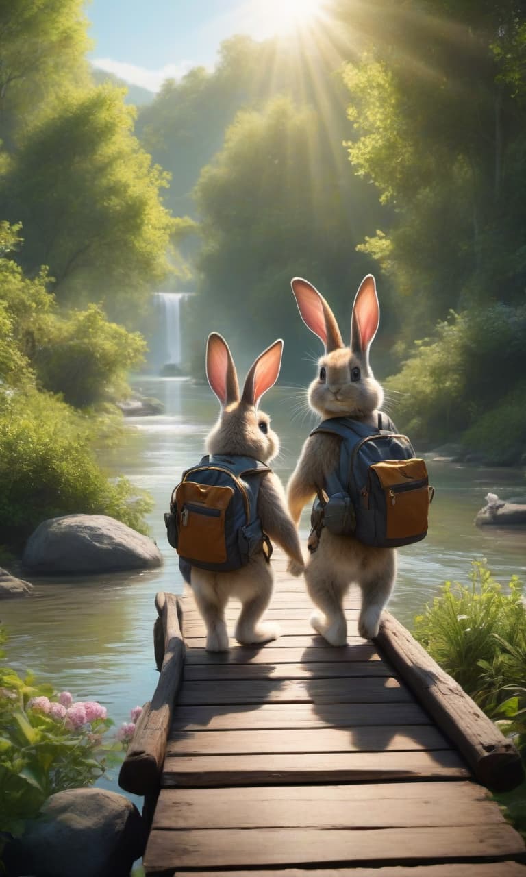  concept art An ilration, in the distance, two very cute rabbits are walking to on a boardwalk across a river, the river runs through a small grove, high in the sky the sun, very high detail and careful work on the details, one rabbit holds a bag portfolio in his paw, the other rabbit has a backpack on his shoulders and a textbook tightly pressed to his . Sunny, brightly. . digital artwork, ilrative, painterly, matte painting, highly detailed hyperrealistic, full body, detailed clothing, highly detailed, cinematic lighting, stunningly beautiful, intricate, sharp focus, f/1. 8, 85mm, (centered image composition), (professionally color graded), ((bright soft diffused light)), volumetric fog, trending on instagram, trending on tumblr, HDR 4K, 8K