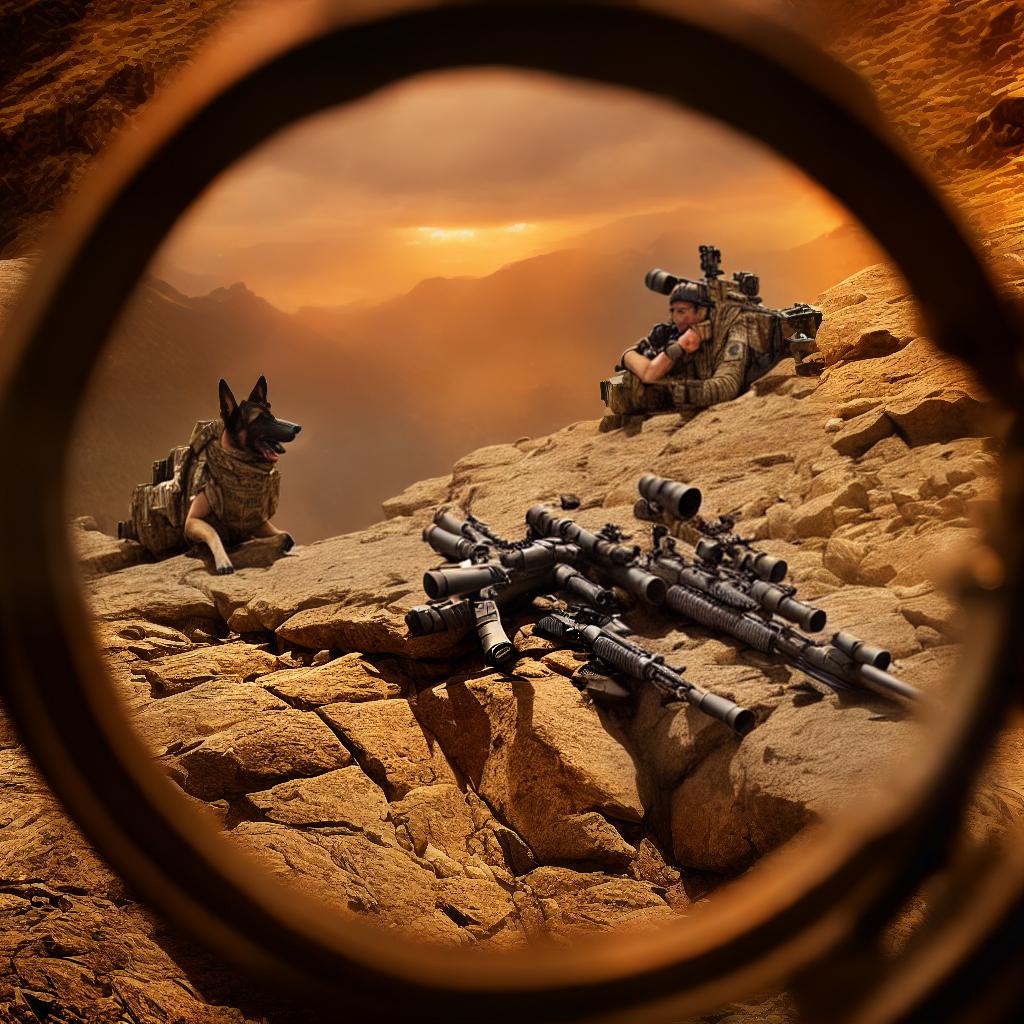  masterpiece, high quality, 4K, HDR BREAK A German shepherd dog, wearing a tactical vest and helmet, aiming a sniper rifle from a high vantage point. BREAK Tactical gear, sniper rifle BREAK Crouched, aiming down scope BREAK Mountainous, snowy landscape hyperrealistic, full body, detailed clothing, highly detailed, cinematic lighting, stunningly beautiful, intricate, sharp focus, f/1. 8, 85mm, (centered image composition), (professionally color graded), ((bright soft diffused light)), volumetric fog, trending on instagram, trending on tumblr, HDR 4K, 8K