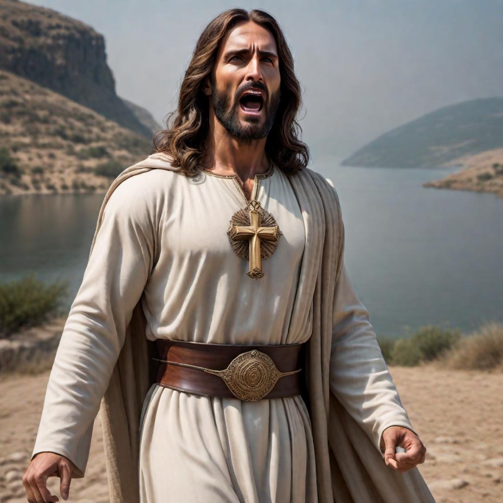  Jesus standing in Galilee, appearing angry and shouting, with his finger wagging. hyperrealistic, full body, detailed clothing, highly detailed, cinematic lighting, stunningly beautiful, intricate, sharp focus, f/1. 8, 85mm, (centered image composition), (professionally color graded), ((bright soft diffused light)), volumetric fog, trending on instagram, trending on tumblr, HDR 4K, 8K