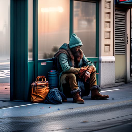 estilovintedois photo about homeless Cinematic Quality hyperrealistic, full body, detailed clothing, highly detailed, cinematic lighting, stunningly beautiful, intricate, sharp focus, f/1. 8, 85mm, (centered image composition), (professionally color graded), ((bright soft diffused light)), volumetric fog, trending on instagram, trending on tumblr, HDR 4K, 8K