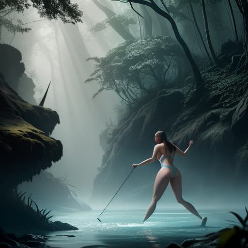  A crocodile is attacking a girl, it's a horror film, people are drawn in transparent swimsuits. hyperrealistic, full body, detailed clothing, highly detailed, cinematic lighting, stunningly beautiful, intricate, sharp focus, f/1. 8, 85mm, (centered image composition), (professionally color graded), ((bright soft diffused light)), volumetric fog, trending on instagram, trending on tumblr, HDR 4K, 8K