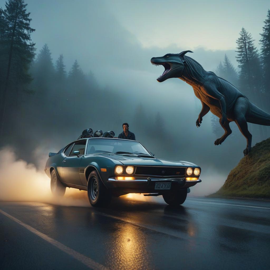  A boy drives a car, looks at two creatures jumping on the hood. Evening. hyperrealistic, full body, detailed clothing, highly detailed, cinematic lighting, stunningly beautiful, intricate, sharp focus, f/1. 8, 85mm, (centered image composition), (professionally color graded), ((bright soft diffused light)), volumetric fog, trending on instagram, trending on tumblr, HDR 4K, 8K