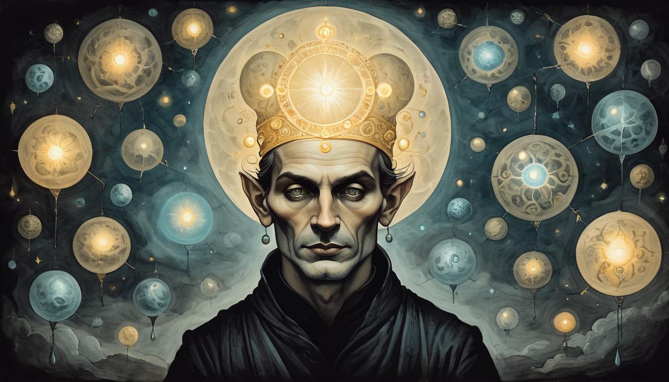  on parchment, surrealism+++, Person with illuminated thoughts depicted as glowing orbs around head. Dark background, divine inspiration, symbolic, introspective(mysterious, provocative, symbolic,muted color)+++