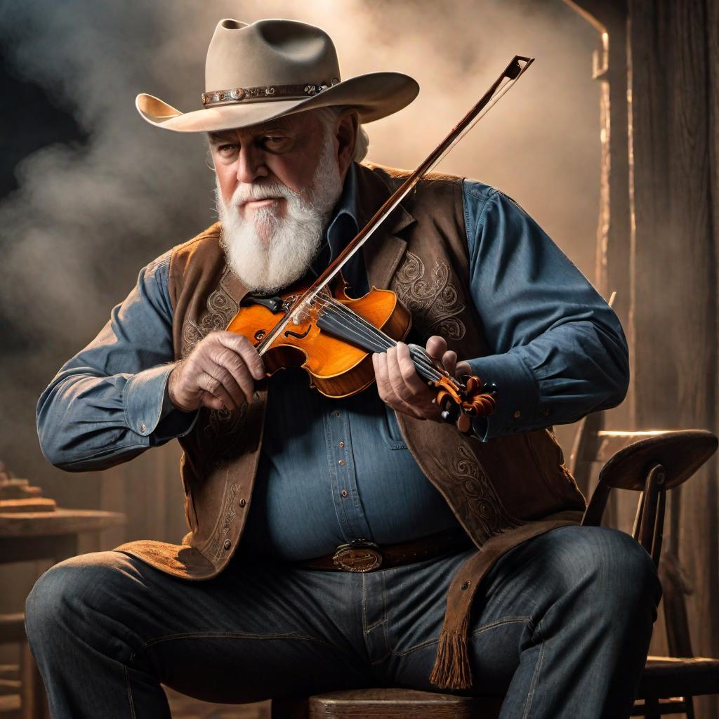  A drawing of Charlie Daniels playing the fiddle in the famous scene from 'The Devil Went Down to Georgia' song. hyperrealistic, full body, detailed clothing, highly detailed, cinematic lighting, stunningly beautiful, intricate, sharp focus, f/1. 8, 85mm, (centered image composition), (professionally color graded), ((bright soft diffused light)), volumetric fog, trending on instagram, trending on tumblr, HDR 4K, 8K