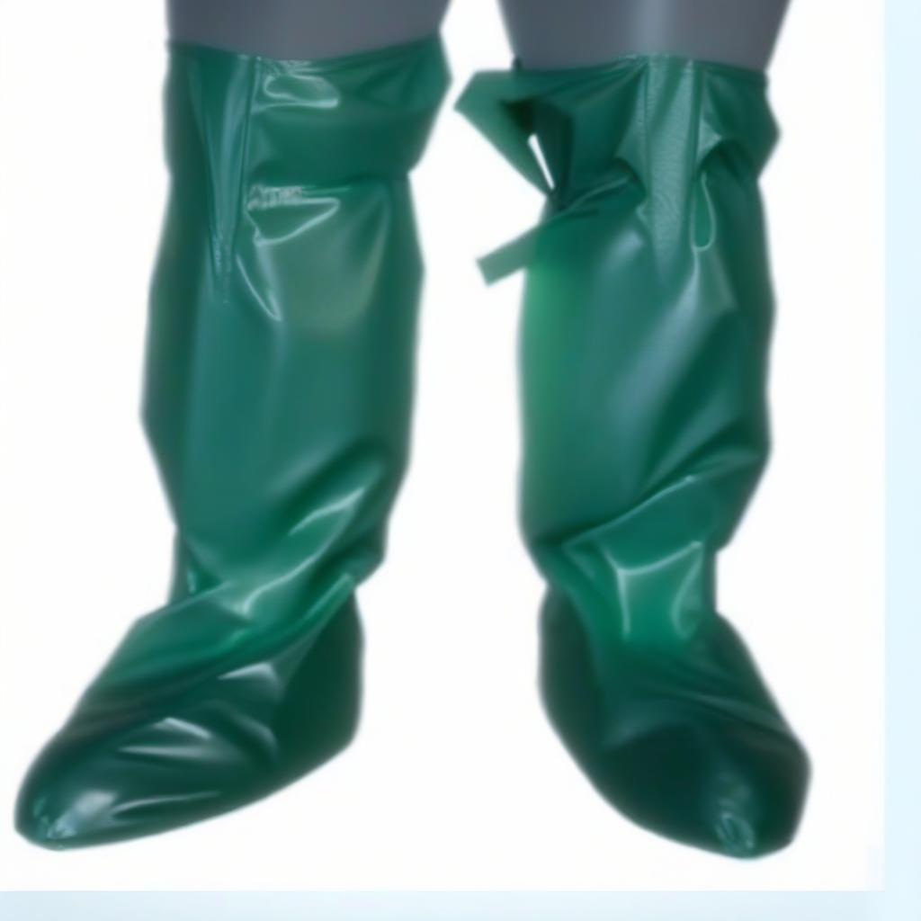  operating room shoes, high surgical shoe covers, knee high, with elastic cuffs, (the lower half from sole to ankle, from glossy latex dark green:1.3), (the upper half from ankle to knee, from glossy latex dark blue:1.5), (flat soled, without heels:1.2), front view, full face, full length hyperrealistic, full body, detailed clothing, highly detailed, cinematic lighting, stunningly beautiful, intricate, sharp focus, f/1. 8, 85mm, (centered image composition), (professionally color graded), ((bright soft diffused light)), volumetric fog, trending on instagram, trending on tumblr, HDR 4K, 8K