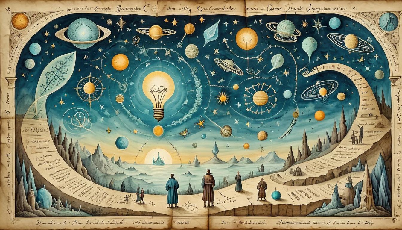  on parchment, surrealism+++, Figures emphasizing daily habits, glowing DNA strands, illuminated paths, cosmic background, sense of importance and impact(mysterious, provocative, symbolic,muted color)+++