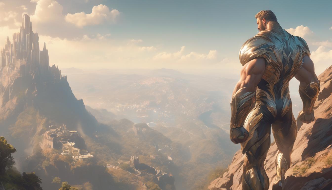  hyperrealism,fantasy aestheticHercules' journey, depicted as climbing a steep mountain, each step representing immense challenges, panoramic view, human spirit's triumph, epic, uplifting, high tech clothing clad in sleek, futuristic costume with metallic accents and form fitting designs, marvel superhero comics style, unreal engine rendering