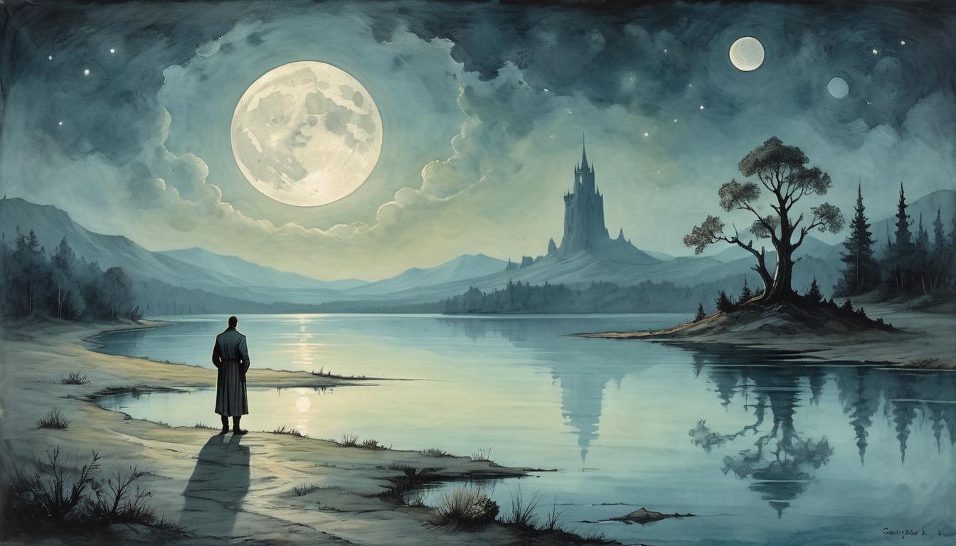  on parchment, surrealism+++, A lone figure standing at the edge of a serene lake, moonlight reflecting off the calm water, figure facing the vast horizon, peaceful, introspective, faithful(mysterious, provocative, symbolic,muted color)+++