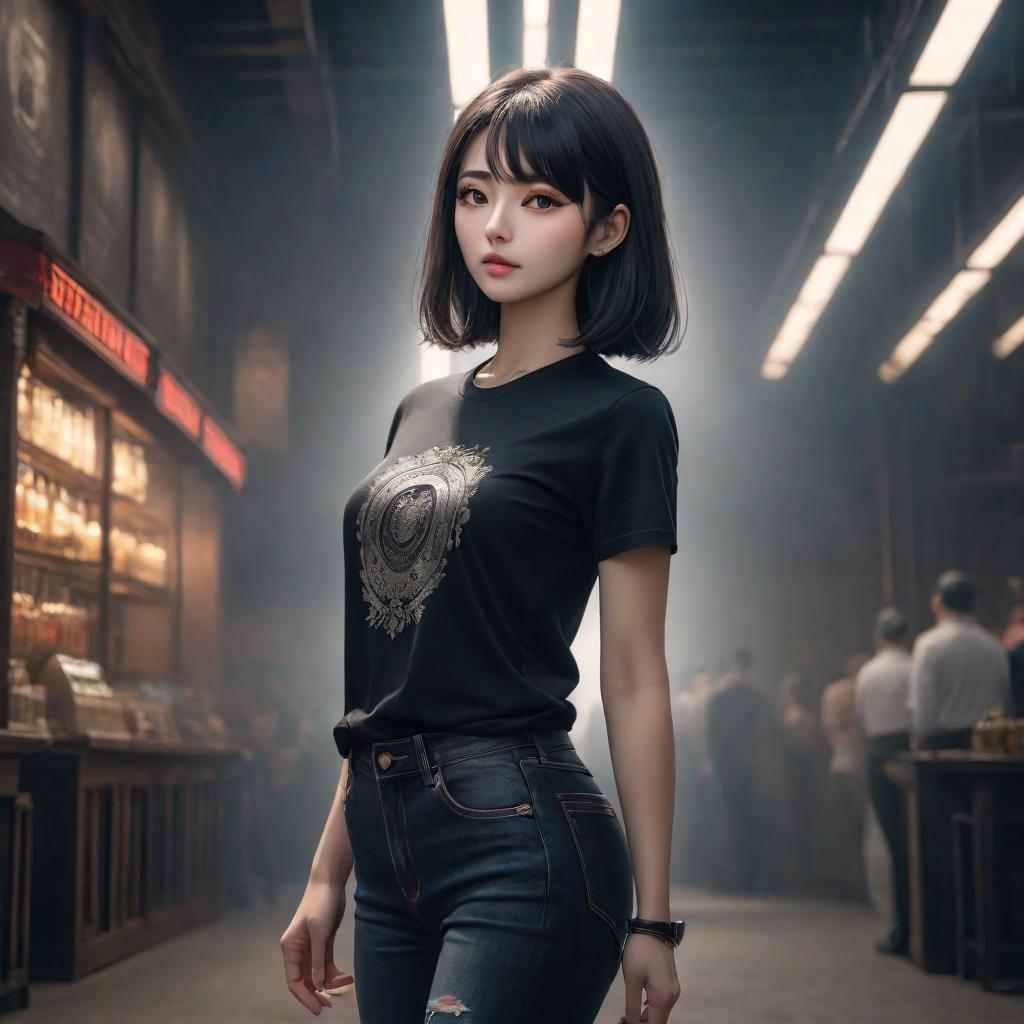  A woman stands in full tall in a black T shirt hyperrealistic, full body, detailed clothing, highly detailed, cinematic lighting, stunningly beautiful, intricate, sharp focus, f/1. 8, 85mm, (centered image composition), (professionally color graded), ((bright soft diffused light)), volumetric fog, trending on instagram, trending on tumblr, HDR 4K, 8K