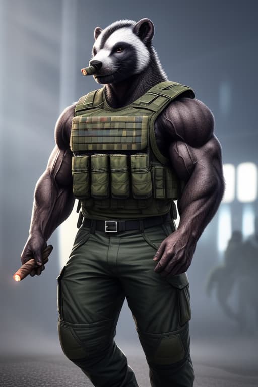  anthro, honey badger, solo, male, adult, smoking a cigar, veiny muscles, muscular, bulletproof vest, military pants, realistic fur, hyper realism, RAW photo, (realism, photorealistic:1.3), detailed, hi res hyperrealistic, full body, detailed clothing, highly detailed, cinematic lighting, stunningly beautiful, intricate, sharp focus, f/1. 8, 85mm, (centered image composition), (professionally color graded), ((bright soft diffused light)), volumetric fog, trending on instagram, trending on tumblr, HDR 4K, 8K