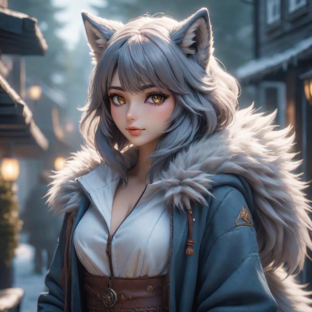  Furry wolf girl hyperrealistic, full body, detailed clothing, highly detailed, cinematic lighting, stunningly beautiful, intricate, sharp focus, f/1. 8, 85mm, (centered image composition), (professionally color graded), ((bright soft diffused light)), volumetric fog, trending on instagram, trending on tumblr, HDR 4K, 8K