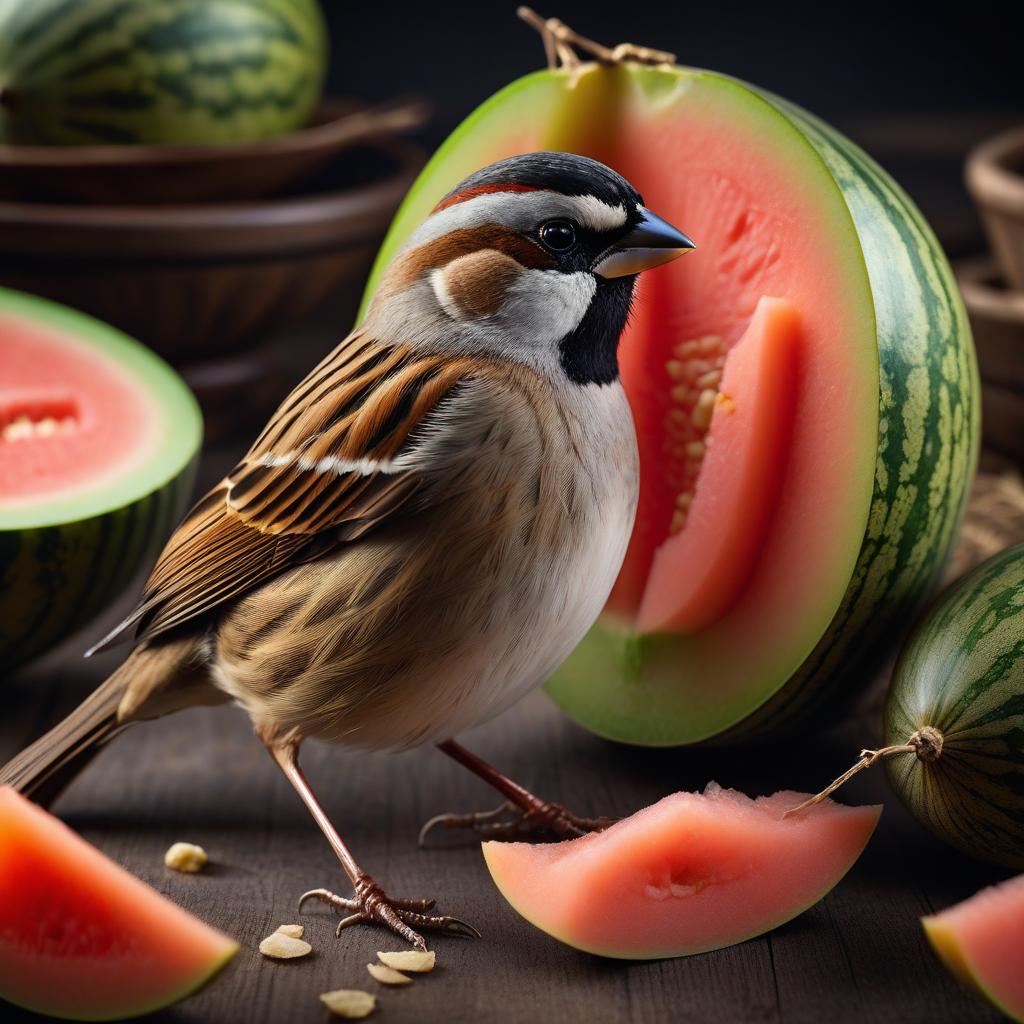  cinematic film still Large Plan. A sparrow pecks a piece of juicy melon, highly detailed fur and beak, cinematic effect, Canon EOS 6D Mark III, ISO 40000, Full HD quality high end, f2.8, CGI, 1024k. . shallow depth of field, vignette, highly detailed, high budget, bokeh, cinemascope, moody, epic, gorgeous, film grain, grainy hyperrealistic, full body, detailed clothing, highly detailed, cinematic lighting, stunningly beautiful, intricate, sharp focus, f/1. 8, 85mm, (centered image composition), (professionally color graded), ((bright soft diffused light)), volumetric fog, trending on instagram, trending on tumblr, HDR 4K, 8K