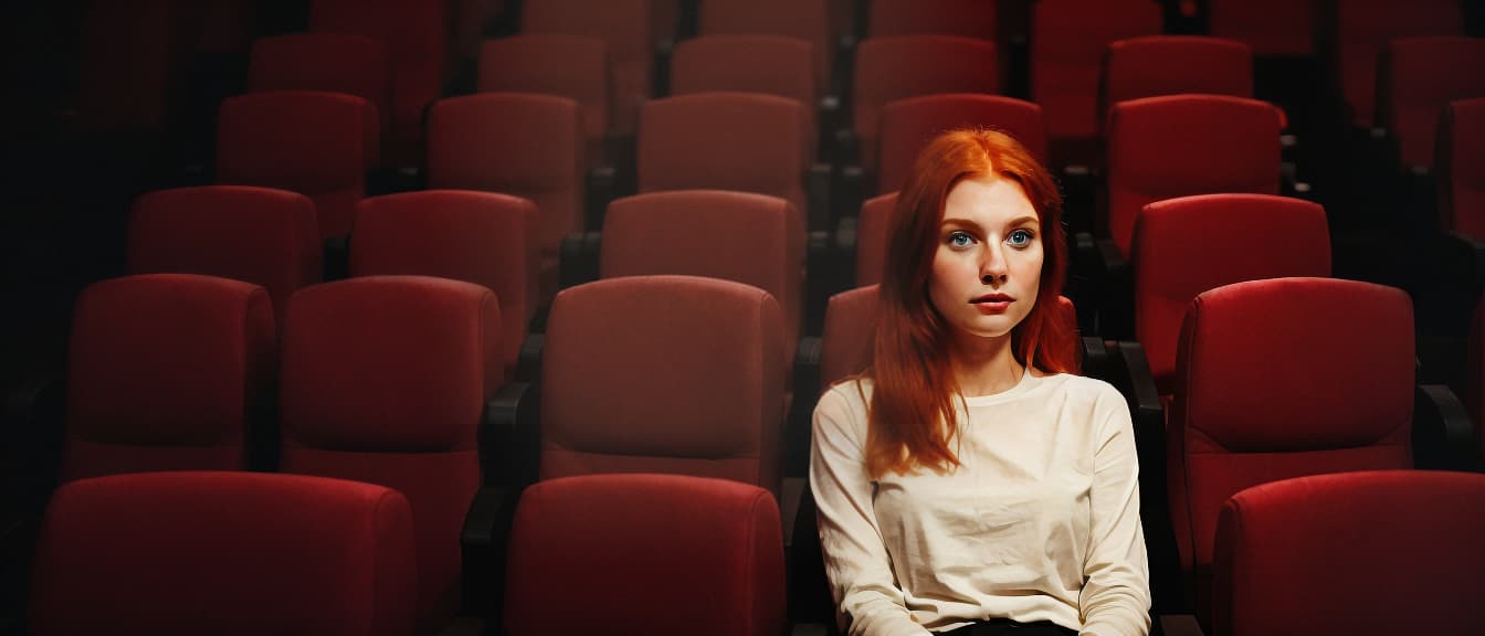  Caucasian red haired woman sits on the front row in a cinema in an empty hall. The girl is watching a movie alone.