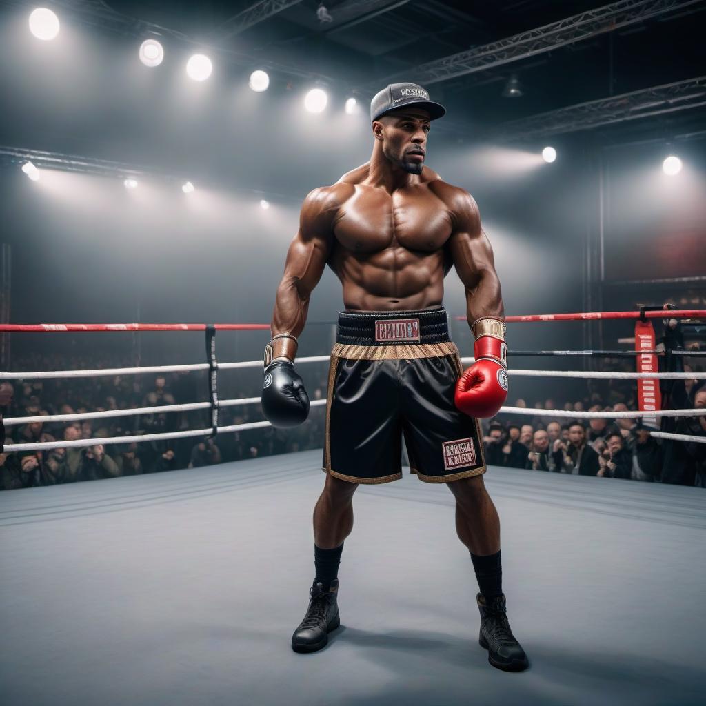  A giant boxer in a hat a cylinder, a man. hyperrealistic, full body, detailed clothing, highly detailed, cinematic lighting, stunningly beautiful, intricate, sharp focus, f/1. 8, 85mm, (centered image composition), (professionally color graded), ((bright soft diffused light)), volumetric fog, trending on instagram, trending on tumblr, HDR 4K, 8K