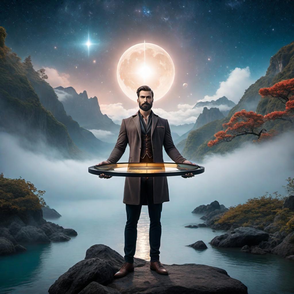  Enchanting man holding a scale to symbolize balance, lofi fantasy style. The character should have a harmonious and balanced appearance. Soft, dreamy, and relaxed lofi elements. Include celestial or cosmic background details to create an enchanting atmosphere. hyperrealistic, full body, detailed clothing, highly detailed, cinematic lighting, stunningly beautiful, intricate, sharp focus, f/1. 8, 85mm, (centered image composition), (professionally color graded), ((bright soft diffused light)), volumetric fog, trending on instagram, trending on tumblr, HDR 4K, 8K