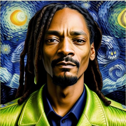  Snoop Dogg also known as Calvin Cordozar Broadus Jr as seen in the year 2022 with Martha Stewart, [van gogh | Snoop Dogg] of van gogh himself as seen in early 2000s, black dreadlocks, epic clothes, painting of Starry Night and Marijuana leaf, realistically detailed face, realistically detailed eyes, realistically detailed dreadlocks, artistically drawn background, masterpiece, high rez, unreal engine, ultra detailed, high quality, artistically drawn painting of Van Gogh's Starry Night, Marijuana theme, stoner, get high, weed smoke, Marijuana consuming, , intricate details, photorealistic,hyperrealistic, high quality, highly detailed, cinematic lighting, intricate, sharp focus, f/1. 8, 85mm, (centered image composition), (professionally col