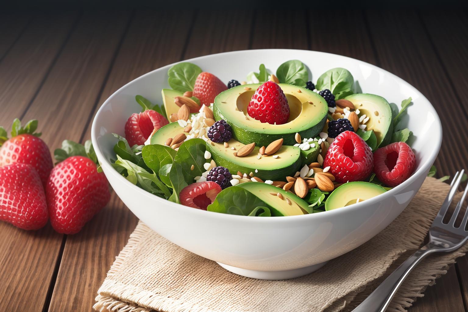  "Create a realistic, detailed close up image of a fresh, vibrant salad bowl filled with artery cleansing foods like avocados, berries, leafy greens, nuts, and olive oil. The background should be a simple, clean kitchen countertop with soft natural lighting to keep the focus on the salad. Use high quality, photorealistic style modifiers to enhance the freshness and appeal of the ingredients. Ensure the colors are vivid and the textures are clear to emphasize the health benefits. Avoid any distractions or additional elements that could take away from the main focus of the image."Ensure no face,leg,hand or eye defomities.Ensure all images are clear, detailed, contains no text and no deformities. realistic, highly detailed, photorealistic, cine hyperrealistic, full body, detailed clothing, highly detailed, cinematic lighting, stunningly beautiful, intricate, sharp focus, f/1. 8, 85mm, (centered image composition), (professionally color graded), ((bright soft diffused light)), volumetric fog, trending on instagram, trending on tumblr, HDR 4K, 8K