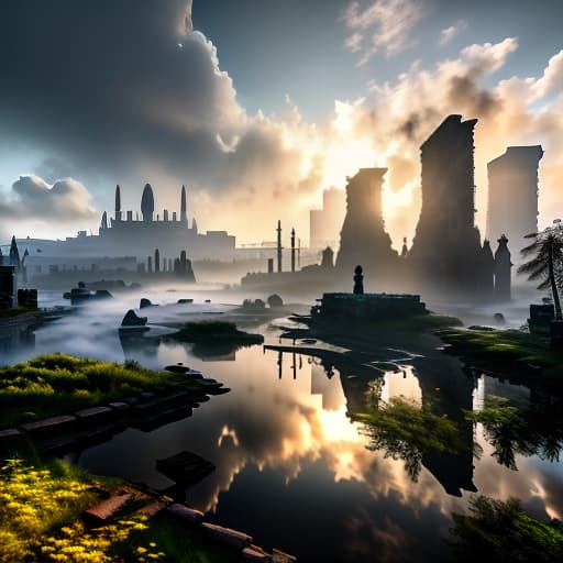  Landscape: Ruins of a massive city shrouded in fog early in the morning hyperrealistic, full body, detailed clothing, highly detailed, cinematic lighting, stunningly beautiful, intricate, sharp focus, f/1. 8, 85mm, (centered image composition), (professionally color graded), ((bright soft diffused light)), volumetric fog, trending on instagram, trending on tumblr, HDR 4K, 8K