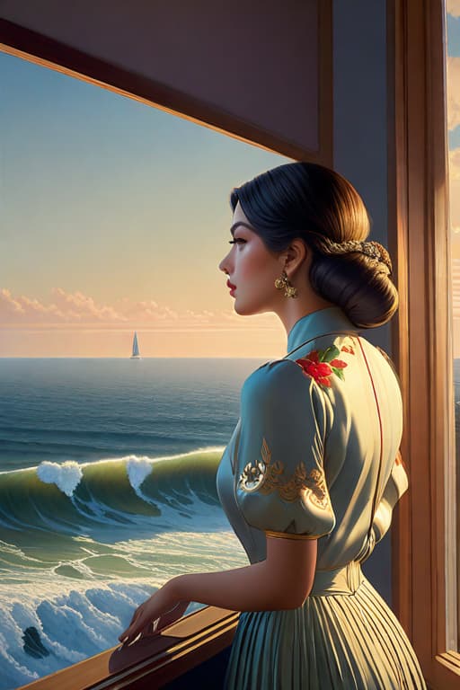  a painting of a girl looking out a window, a photorealistic painting David Ligare, pop surrealism, david ligare masterpiece, girl looking at the ocean waves, alex gross, hyperrealistic surrealism, neoclassicism, 1850 s style painting, portrait, fantasy, elegant, digital painting, ornate, sharp focus, hyper realistic, super detailed, ultra detailed, cinematic, studio quality, epic, hd, 8k, hyperrealistic, full body, detailed clothing, highly detailed, cinematic lighting, stunningly beautiful, intricate, sharp focus, f/1. 8, 85mm, (centered image composition), (professionally color graded), ((bright soft diffused light)), volumetric fog, trending on instagram, trending on tumblr, HDR 4K, 8K