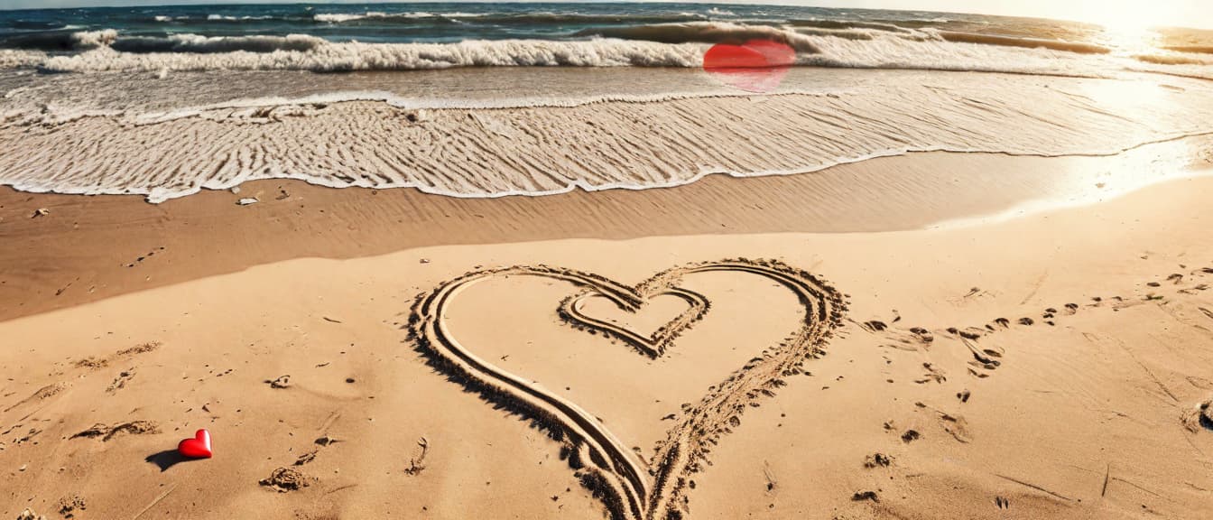  best quality, HD, Beach summer panoramic background with two hearts on the sand