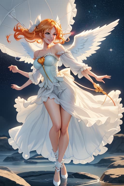  &quot;Draw a cute love angel based on Nami from One Piece. Nami is flying in the sky with small, fluffy angel wings on her back. She has a bright smile and her orange hair is blowing in the wind. Her outfit is a white, frilly dress decorated with small ribbons and heart patterns. The background is a sky with pastel colored clouds and sparkling stars. In Nami&#39;s hand is a small, heart shaped ball of light, which symbolizes love. The overall look should emphasize a cute, romantic atmosphere.&quot; hyperrealistic, full body, detailed clothing, highly detailed, cinematic lighting, stunningly beautiful, intricate, sharp focus, f/1. 8, 85mm, (centered image composition), (professionally color graded), ((bright soft diffused light)), volumetric fog, trending on instagram, trending on tumblr, HDR 4K, 8K