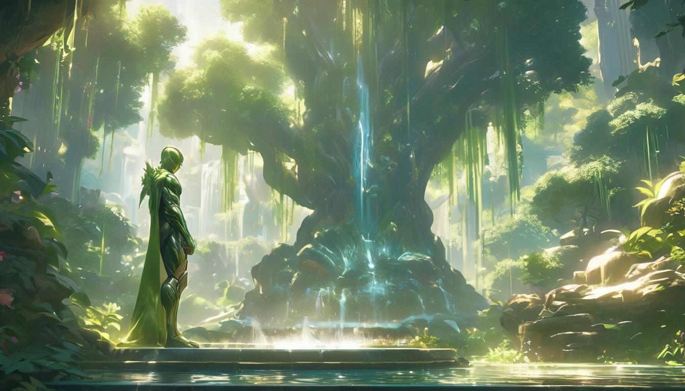  hyperrealism,fantasy aestheticA peaceful garden, sunlight filtering through tree branches, a fountain in the center, lush greenery, sanctuary, tranquility, inner peace, serenity, high tech clothing clad in sleek, futuristic costume with metallic accents and form fitting designs, marvel superhero comics style, unreal engine rendering