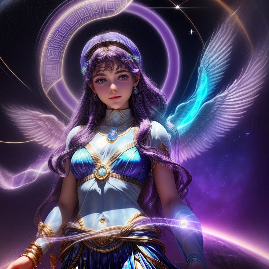  one goddees, 1 character, from sky, from heaven, A hyper realistic opal statue of Greek goddesses of dreams ((Oneiros)) Athena with, peace god, stone skin, a little smile cute and kind, glowing magic circles on background, dream style, Greek stones on background, on the purple magic circle , an Athena temple magic lights falling, two white wings from back of body, three quoter view, French girl face, sharp detailed, purple armed clothes, dark purple hair, Sparkling Golden Particles Trail Stars Glittering particle effect, doing magic with hands, Hyperdetailed photorealism, 108 megapixels, purple amazing depth, an Athena temple, glowing rich colors, powerful imagery, psychedelic, cinematic lighting, Artstation concept art, smooth, sharp focus