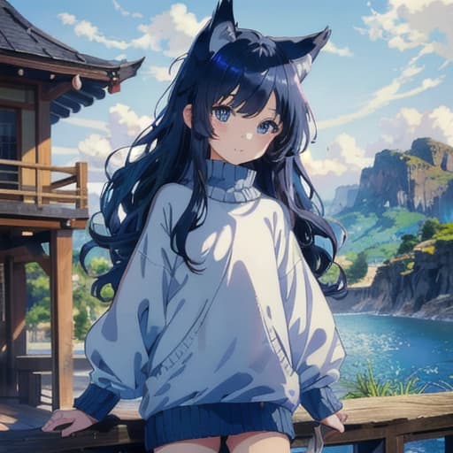  master piece , best quality,anime, girl, detailed, dark blue hair, wolf ears, long wavy hair, long bangs covering one eye, baggy knitted sweater,sky blue eyes, child like