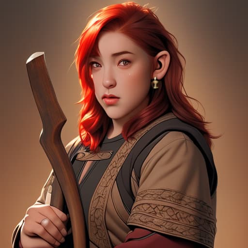  Female dwarf with human ears, short red hair and brown eyes, holding an axe