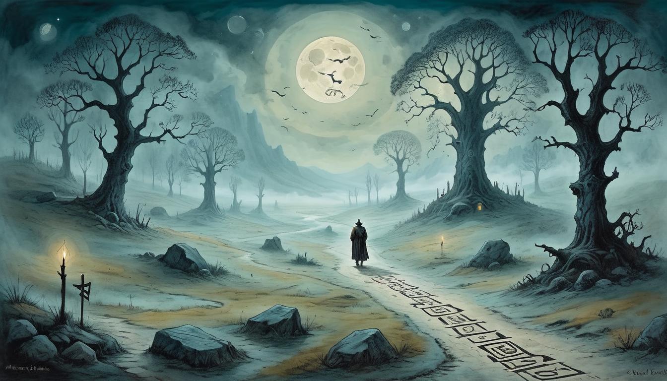  on parchment, surrealism+++, A solitary figure walking through an eerie, mist covered landscape, ground adorned with ancient runes, pathway illuminated by moonlight, exploration, solitude, ancient wisdom(mysterious, provocative, symbolic,muted color)+++