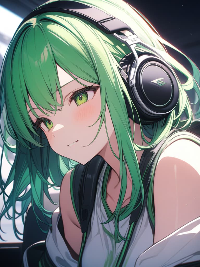  Happy expression of green hair short hair character with headphones, masterpiece, best quality,8k,ultra detailed,high resolution,an extremely delicate and beautiful,hyper detail