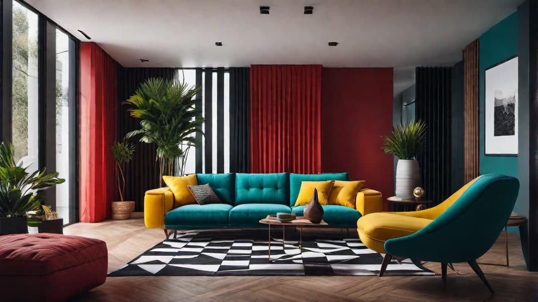  Create an image of an 80s retro living room filled with bold colors and geometric patterns. Include a large teal sofa, accent chairs in shades of red and yellow, and funky abstract art on the walls. The flooring should have a black and white checkered pattern to enhance the retro vibe. The overall atmosphere should be lively and energetic, embodying the essence of 80s interior design. hyperrealistic, full body, detailed clothing, highly detailed, cinematic lighting, stunningly beautiful, intricate, sharp focus, f/1. 8, 85mm, (centered image composition), (professionally color graded), ((bright soft diffused light)), volumetric fog, trending on instagram, trending on tumblr, HDR 4K, 8K