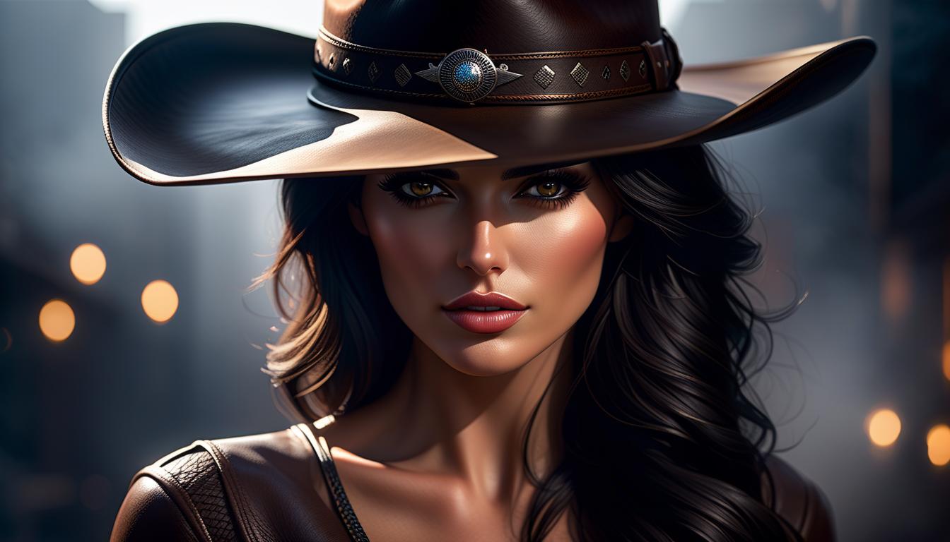  hyperrealistic art . . Close up frontal, facial shot of a mysterious, rugged, daring looking woman with dark hair, lifting one hand to tip the brim of he fashioned dark leather cowboy hat with the tips of her fingers, medium bare s, erect s,only her head can be seen and the background is dark, matte and bokeh, and undiscernable. And her head is right in front of the view, blocking everything else but it is all black nothingness. Her dark brown eyes glint like fire and hold a challenging and daring glare. The brim of her cowboy hat and her hand are covering her left eye, her skin is tan and very smooth, her hair dark brown and wavy and falling across her cheek on the right side of her face. . extremely hyperrealistic, full body, detailed clothing, highly detailed, cinematic lighting, stunningly beautiful, intricate, sharp focus, f/1. 8, 85mm, (centered image composition), (professionally color graded), ((bright soft diffused light)), volumetric fog, trending on instagram, trending on tumblr, HDR 4K, 8K