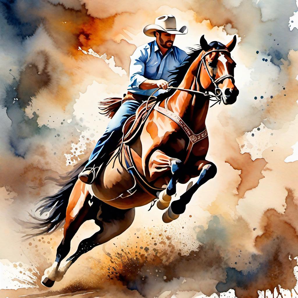  Create a watercolor painting of a man ridding a bucking horse at a rodeo. The background features soft, watercolor style splashes in earthy tones, giving the image an artistic and dreamy feel. Ensure the overall image has a delicate watercolor effect.