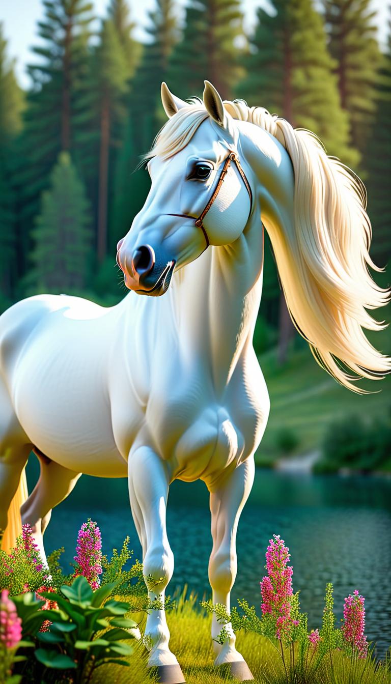  Professional 3D model of A stately, wonderful, white horse stands looking out over a beautiful lake. The horse stands on a mountain and is surrounded by small flowers and bushes. . Rendered with Octane, the model is highly detailed,dramatic lighting. hyperrealistic, full body, detailed clothing, highly detailed, cinematic lighting, stunningly beautiful, intricate, sharp focus, f/1. 8, 85mm, (centered image composition), (professionally color graded), ((bright soft diffused light)), volumetric fog, trending on instagram, trending on tumblr, HDR 4K, 8K