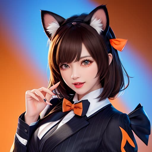  masterpiece, best quality, 1, solo, animal ears, bow, teeth, jacket, tail, open mouth, brown hair, orange background, bowtie, orange nails, simple background, cat ears, orange eyes, blue bow, animal ear fluff, cat tail, looking at viewer, upper body, shirt, uniform, hood, striped bow, striped, white shirt, black jacket, blue bowtie, fingernails, long sleeves, cat , bangs, fangs, collared shirt, striped bowtie, short hair, tongue, hoodie, sharp teeth, facial mark, claw pose hyperrealistic, full body, detailed clothing, highly detailed, cinematic lighting, stunningly beautiful, intricate, sharp focus, f/1. 8, 85mm, (centered image composition), (professionally color graded), ((bright soft diffused light)), volumetric fog, trending on instagram, trending on tumblr, HDR 4K, 8K