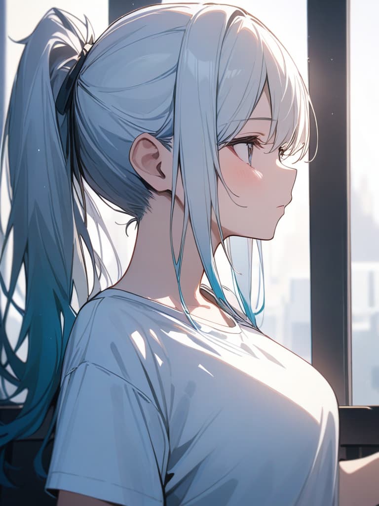  gradient hair,blue hair,white hair,ponytail hair,master piece,best quality,hires,from side,bust shot,1girl,t shirt by,focused,inside,, masterpiece, best quality,8k,ultra detailed,high resolution,an extremely delicate and beautiful,hyper detail