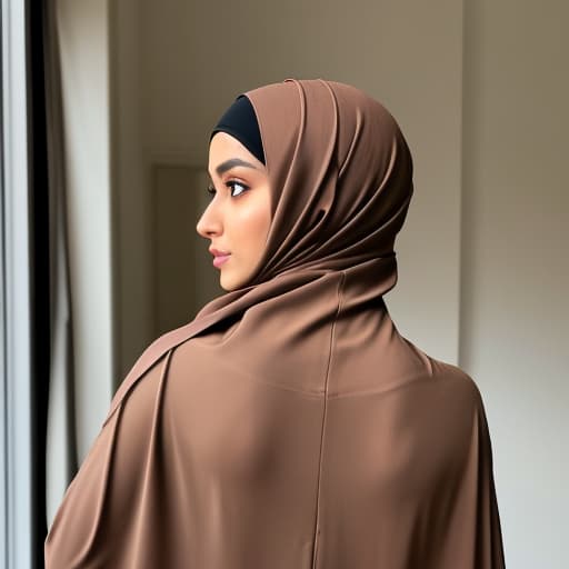  a brown hijab with her hands behind her back