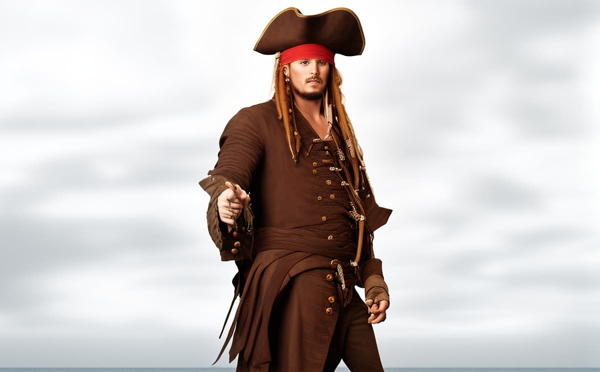 portrait+ style Transform the uploaded photo of a person into an image of a pirate. Add pirate themed elements such as an eye patch, a tricorn hat, a parrot on the shoulder, a pirate coat, and a background featuring a pirate ship or a treasure island. Ensure the person retains their original facial features while blending seamlessly with the pirate attire and setting. The final image should be vibrant, detailed, and convey a classic pirate look