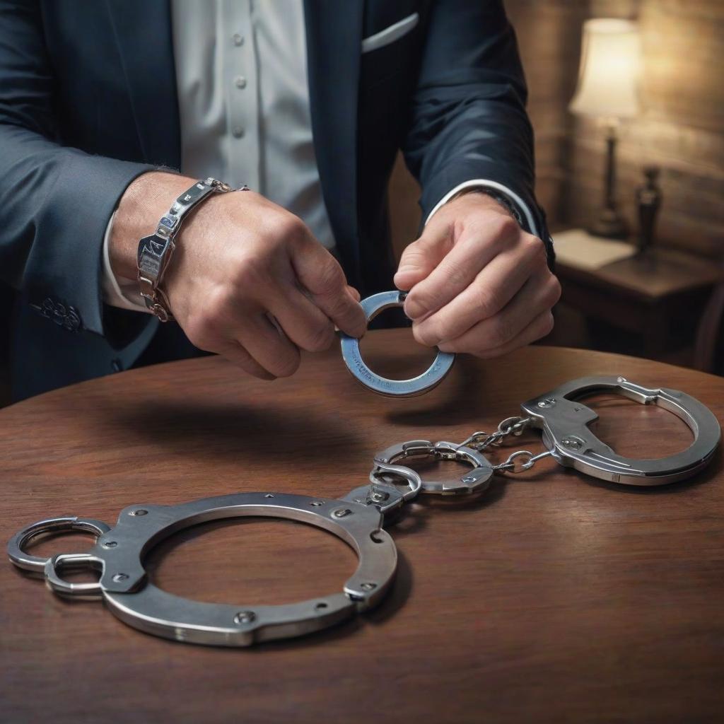  Handcuffs lie on the table. hyperrealistic, full body, detailed clothing, highly detailed, cinematic lighting, stunningly beautiful, intricate, sharp focus, f/1. 8, 85mm, (centered image composition), (professionally color graded), ((bright soft diffused light)), volumetric fog, trending on instagram, trending on tumblr, HDR 4K, 8K