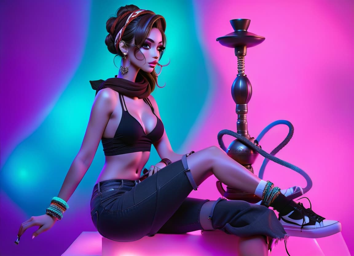  A girl is sitting on the roof against the backdrop of a night city, her hair scarf, her hair dark, holding a hookah, wearing denim shorts, in white sneakers, view in profile hyperrealistic, full body, detailed clothing, highly detailed, cinematic lighting, stunningly beautiful, intricate, sharp focus, f/1. 8, 85mm, (centered image composition), (professionally color graded), ((bright soft diffused light)), volumetric fog, trending on instagram, trending on tumblr, HDR 4K, 8K