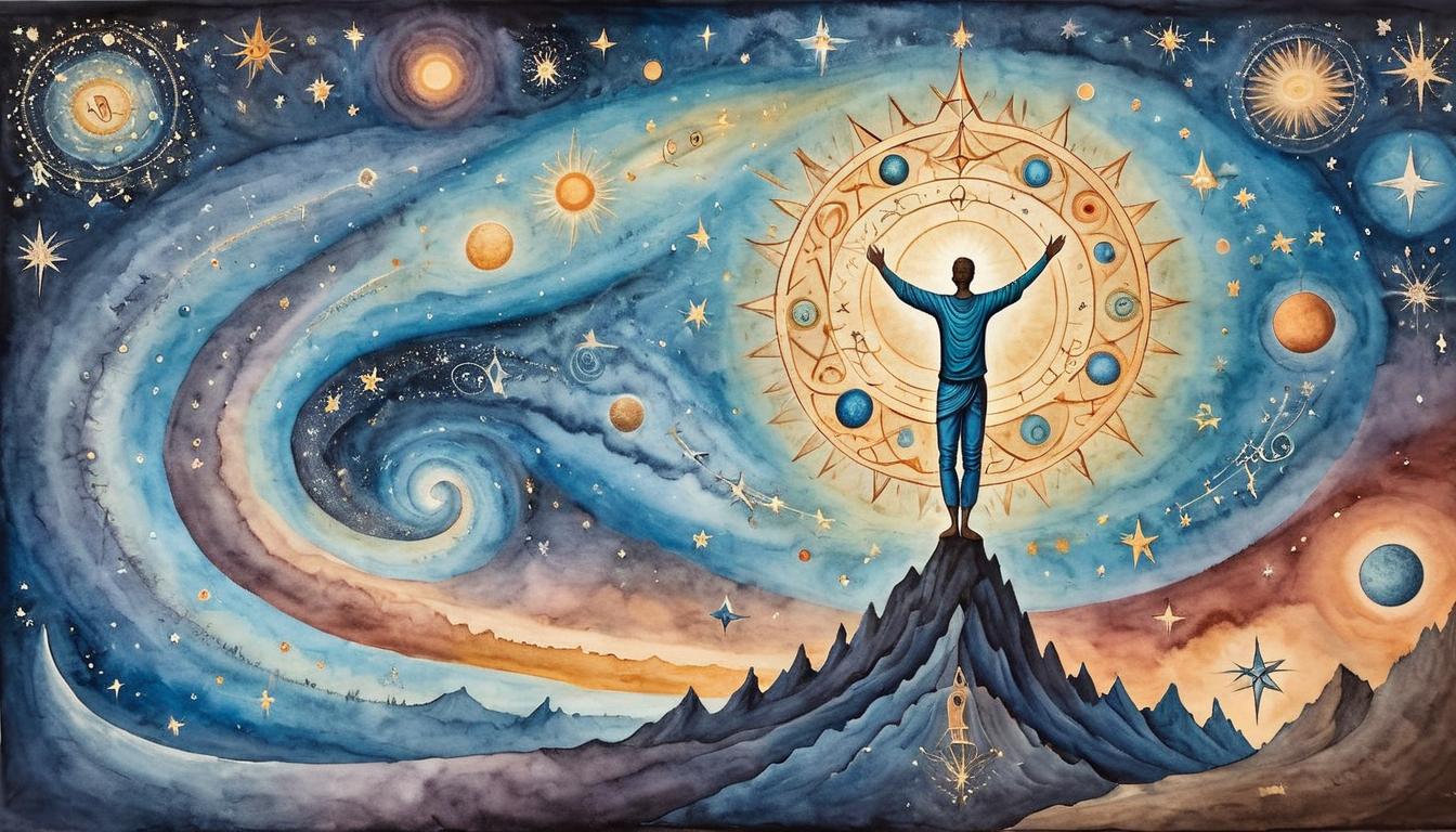  on parchment, surrealism+++, cosmic alignment, stars forming patterns, figure with arms raised towards the heavens, swirling energies connecting figure to cosmos, celestial, divine(mysterious, provocative, symbolic,muted color)+++