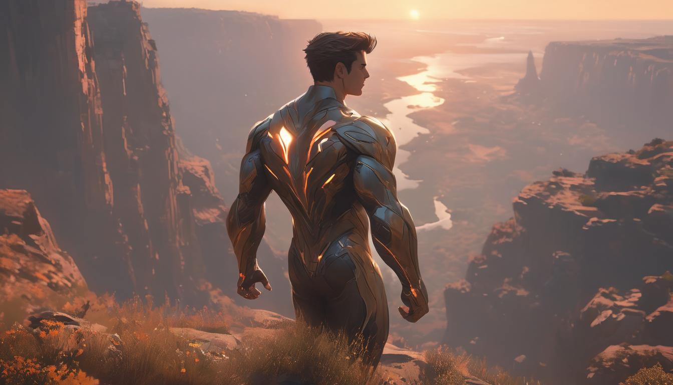  hyperrealism,fantasy aesthetic1man, attractive brunette male humanoid, standing on the edge of a cliff, looking at the sunrise, feeling liberated, expansive view, uplifting and hopeful., high tech clothing clad in sleek, futuristic costume with metallic accents and form fitting designs, marvel superhero comics style, unreal engine rendering